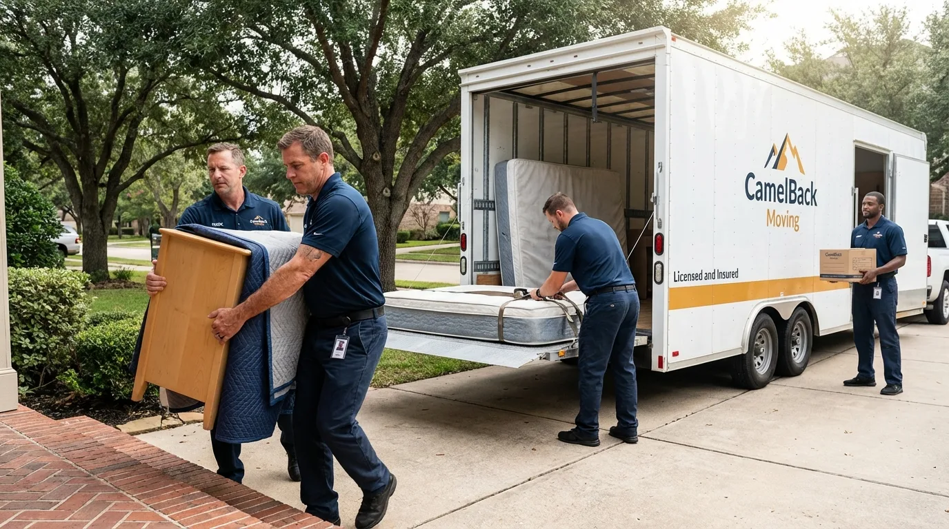 Crew loading residential truck for cross-state move from Hartley, IA