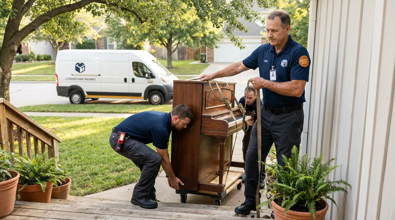 Licensed piano movers securing grand piano in Hartley, IA