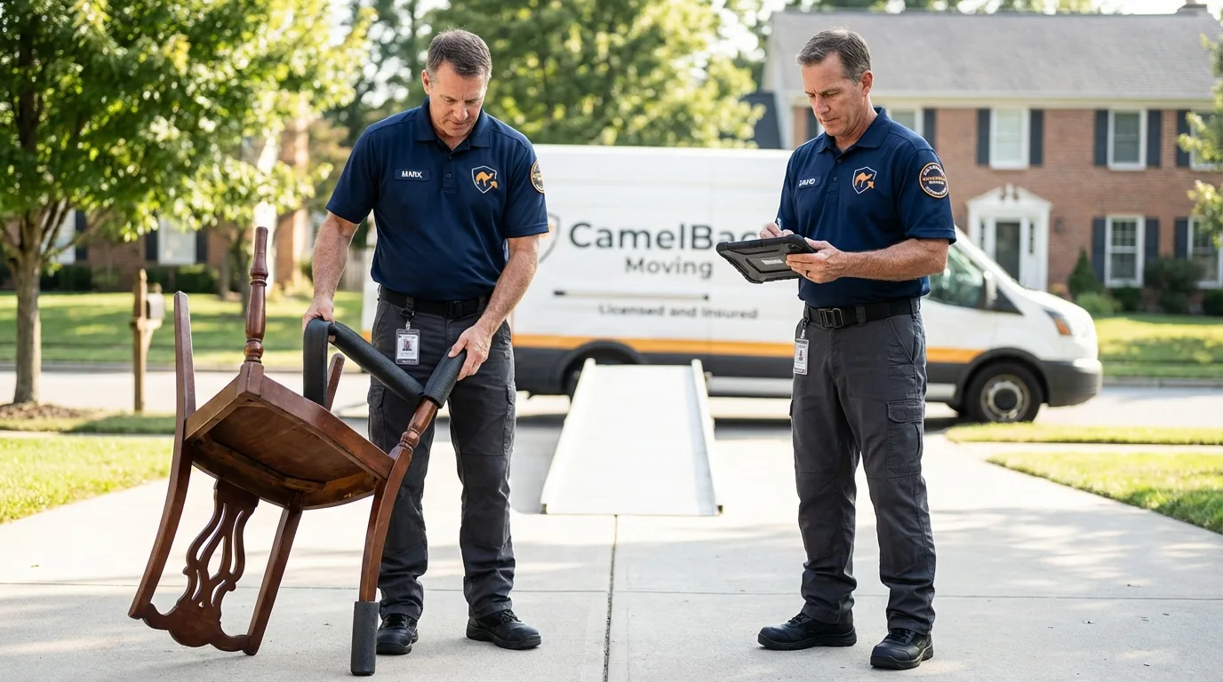 Movers inspecting furniture for damage prevention before loading in Hartley, IA